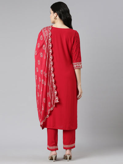 Neerus Red Regular Straight Solid Kurta And Trousers With Dupatta