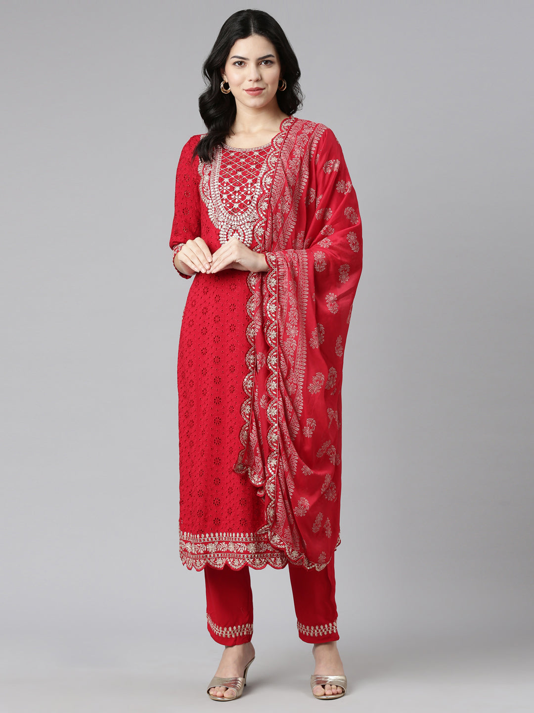 Neerus Red Regular Straight Solid Kurta And Trousers With Dupatta