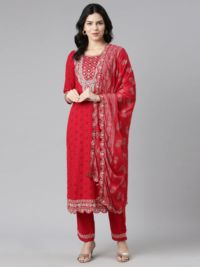 Neerus Red Regular Straight Solid Kurta And Trousers With Dupatta