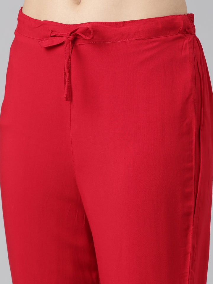 Neerus Red solid straight kurta set with trouser and dupatta - detail view 3