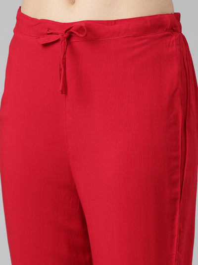 Neeru's Red Regular Straight Solid Kurta And Trousers With Dupatta