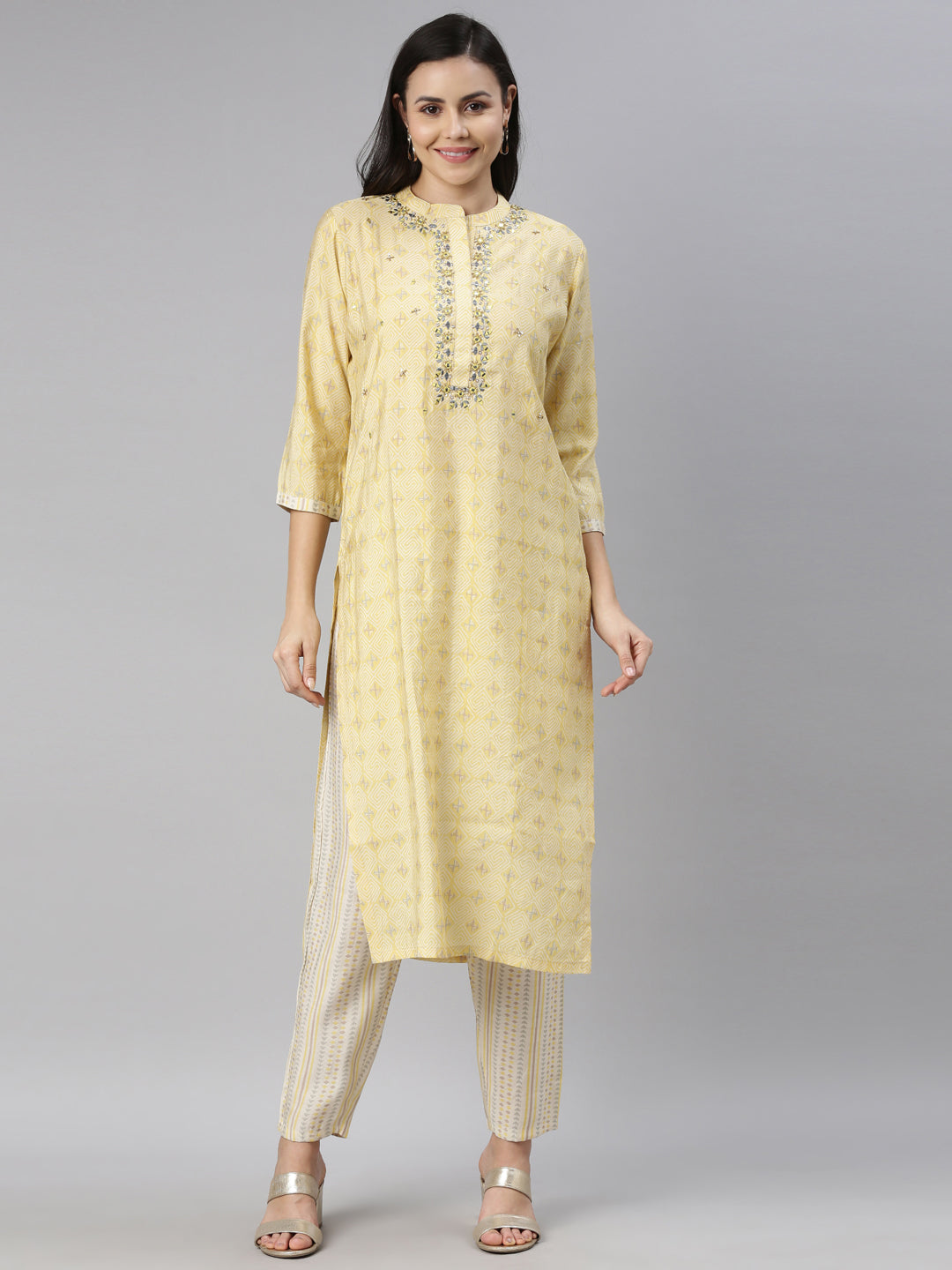 Neerus Women Yellow Ethnic Motifs Embroidered Mirror Work Kurta with Trousers