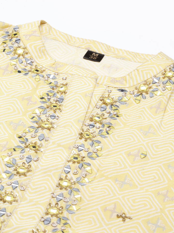 Neerus Women Yellow Ethnic Motifs Embroidered Mirror Work Kurta with Trousers