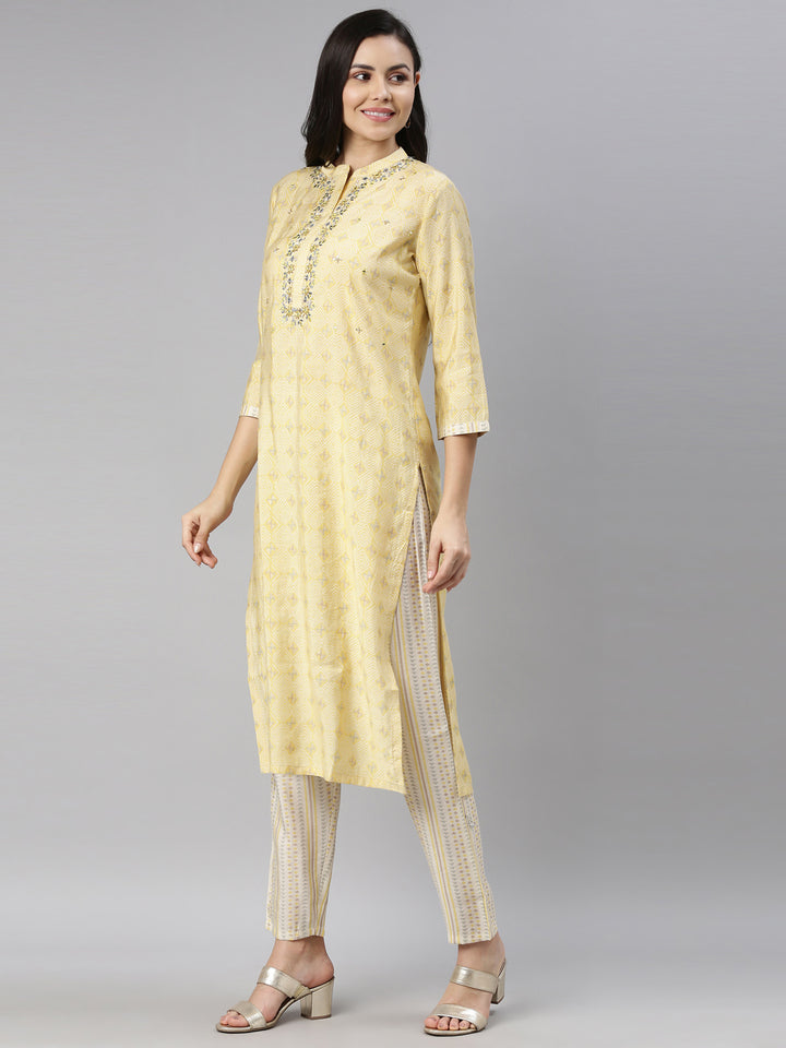 Neerus Women Yellow Ethnic Motifs Embroidered Mirror Work Kurta with Trousers