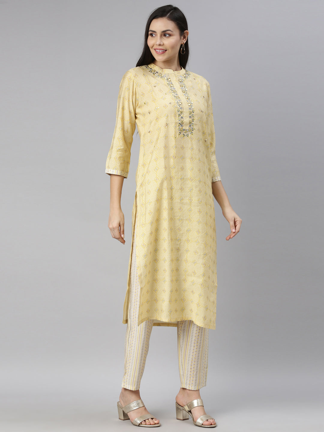 Neerus Women Yellow Ethnic Motifs Embroidered Mirror Work Kurta with Trousers