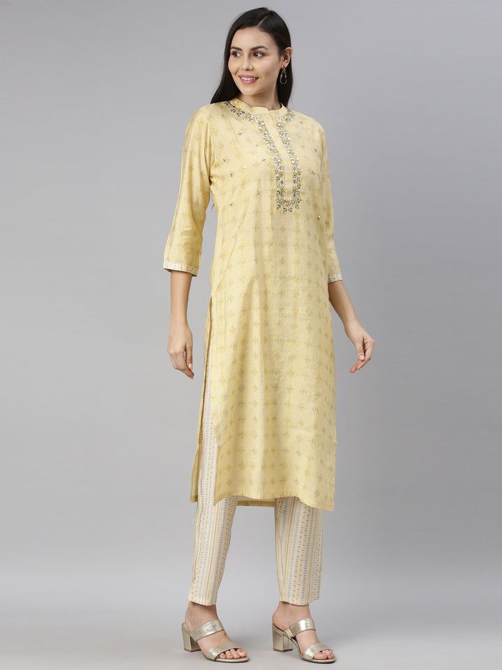 Neerus Women Yellow Ethnic Motifs Embroidered Mirror Work Kurta with Trousers