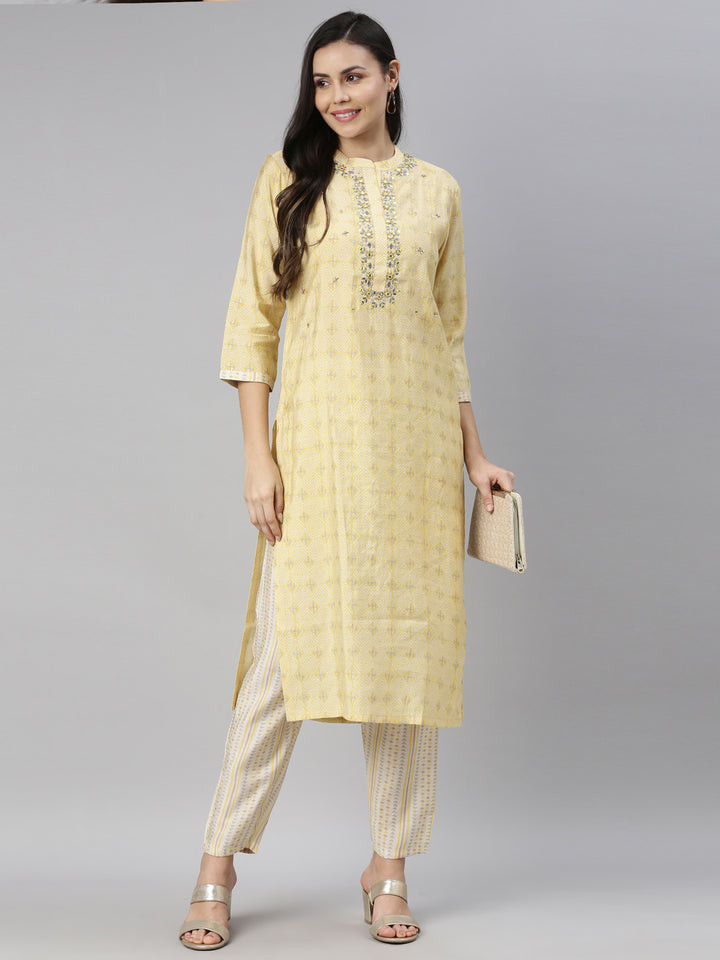 Neerus Women Yellow Ethnic Motifs Embroidered Mirror Work Kurta with Trousers