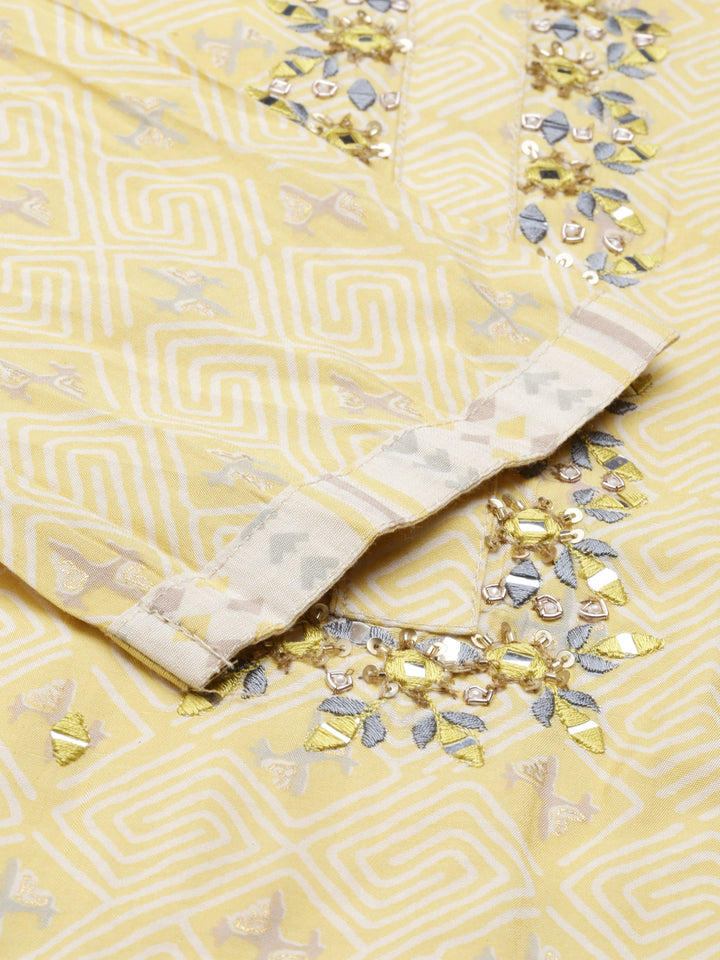 Neerus Women Yellow Ethnic Motifs Embroidered Mirror Work Kurta with Trousers