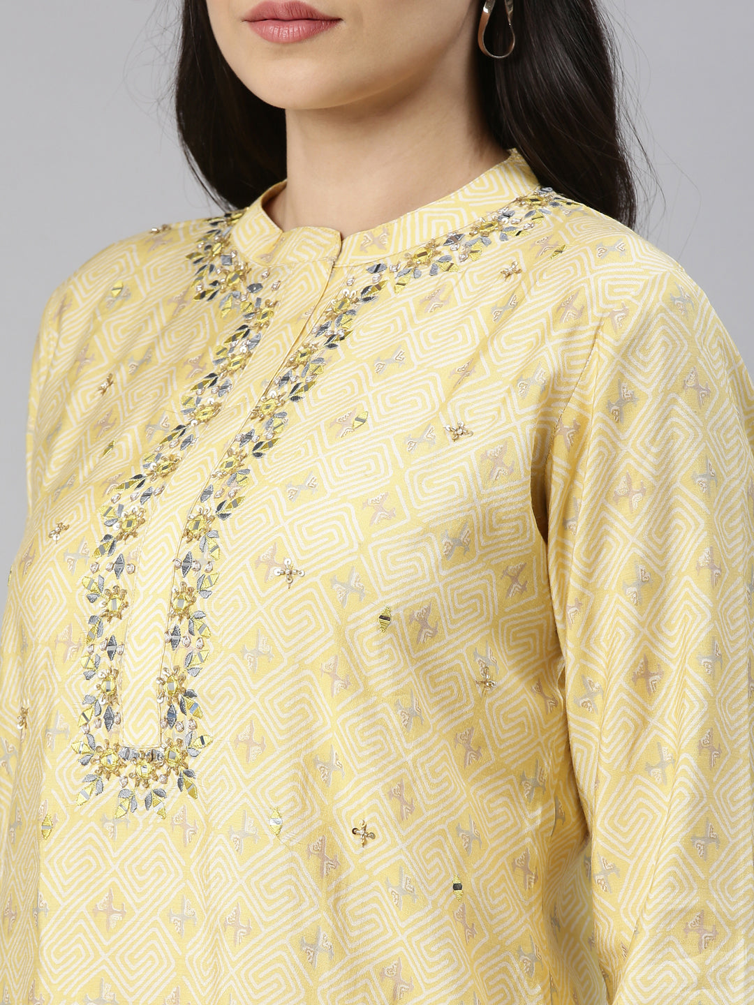 Neerus Women Yellow Ethnic Motifs Embroidered Mirror Work Kurta with Trousers