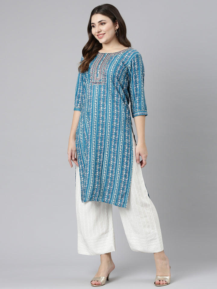 Neerus Green printed straight kurta set with palazzo - front view