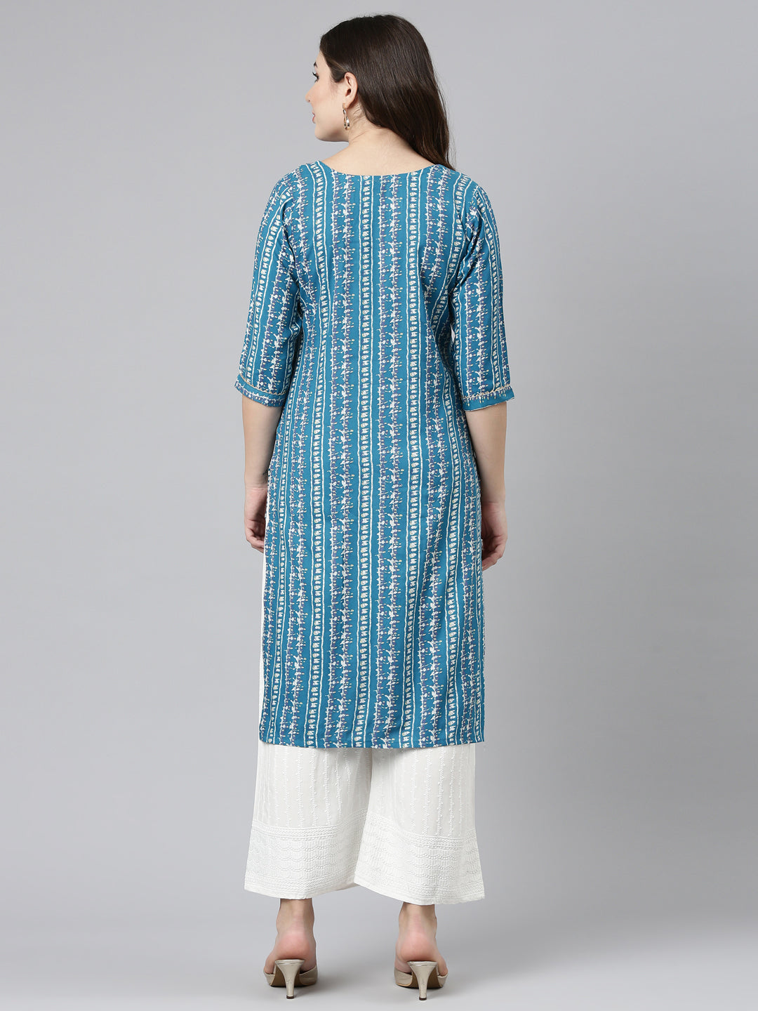 Neerus Green printed straight kurta set with palazzo - side view