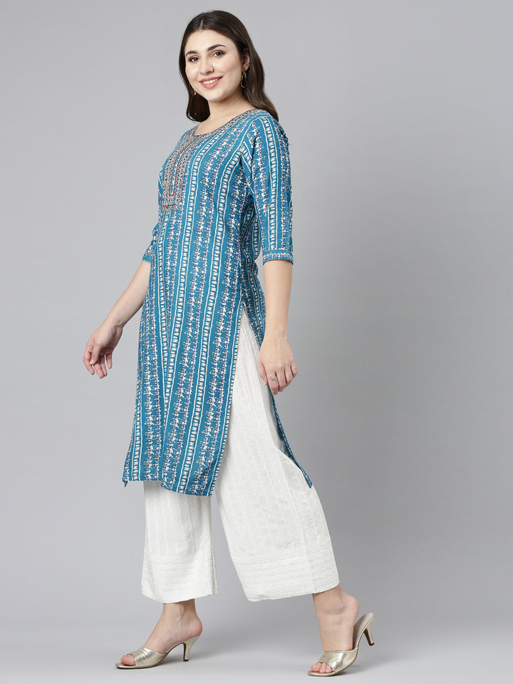 Neerus Green printed straight kurta set with palazzo - back view