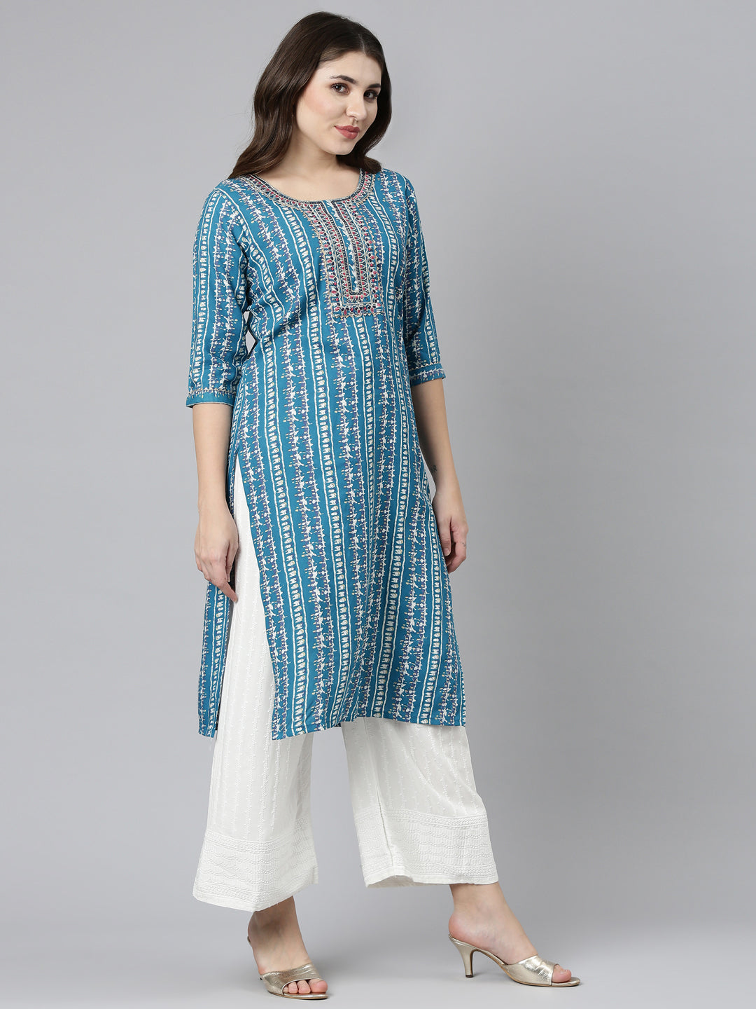 Neerus Green printed straight kurta set with palazzo - detail view 2