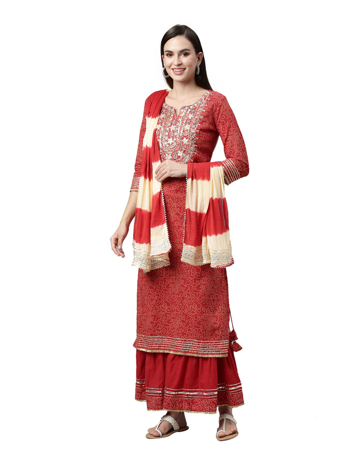 Neerus Women Red Ethnic Motifs Dyed Straight Kurta with Skirt and Dupatta