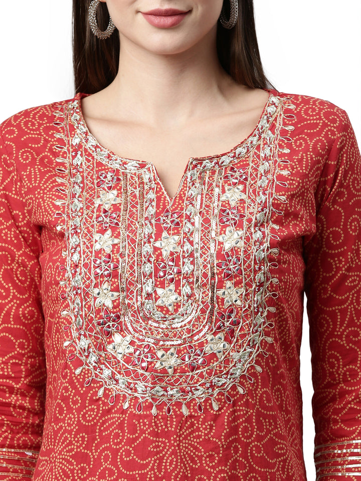 Neerus Women Red Ethnic Motifs Dyed Straight Kurta with Skirt and Dupatta