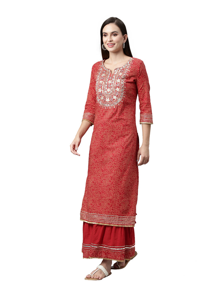 Neerus Women Red Ethnic Motifs Dyed Straight Kurta with Skirt and Dupatta