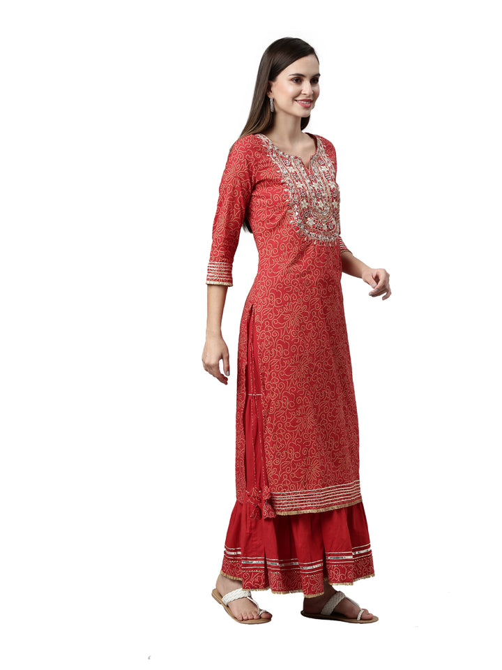 Neerus Women Red Ethnic Motifs Dyed Straight Kurta with Skirt and Dupatta