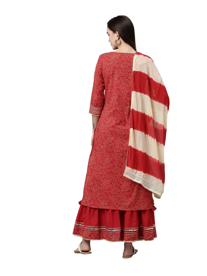 Neerus Women Red Ethnic Motifs Dyed Straight Kurta with Skirt and Dupatta