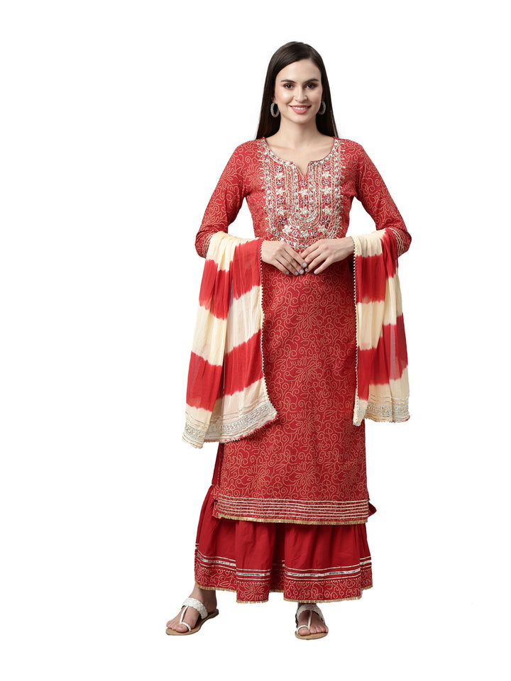 Neerus Women Red Ethnic Motifs Dyed Straight Kurta with Skirt and Dupatta