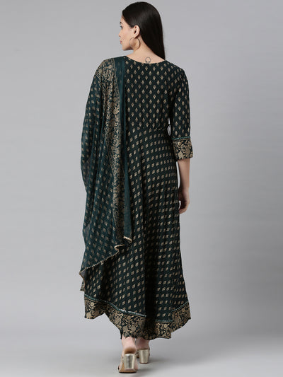 Neeru's Women Green Gold-Toned Ethnic Motifs Printed Kurta With Trousers With Dupatta