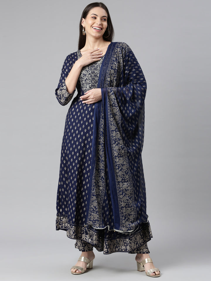 Neerus Blue Rayon Printed Suit Set - front view