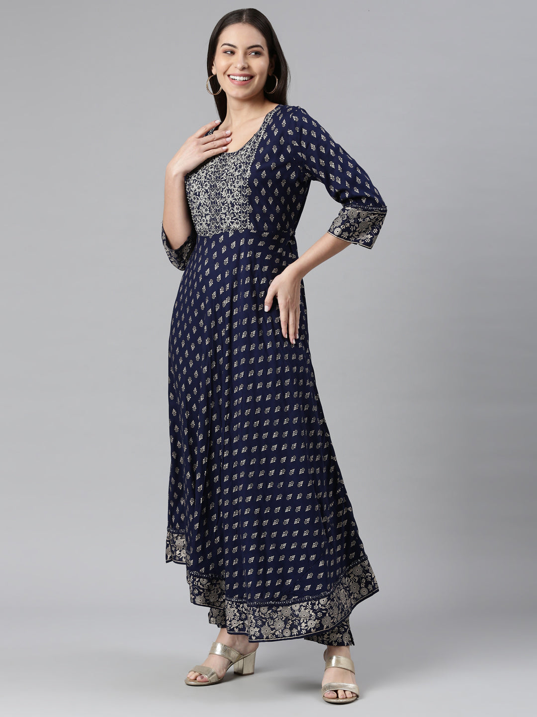 Neerus Blue Rayon Printed Suit Set - back view
