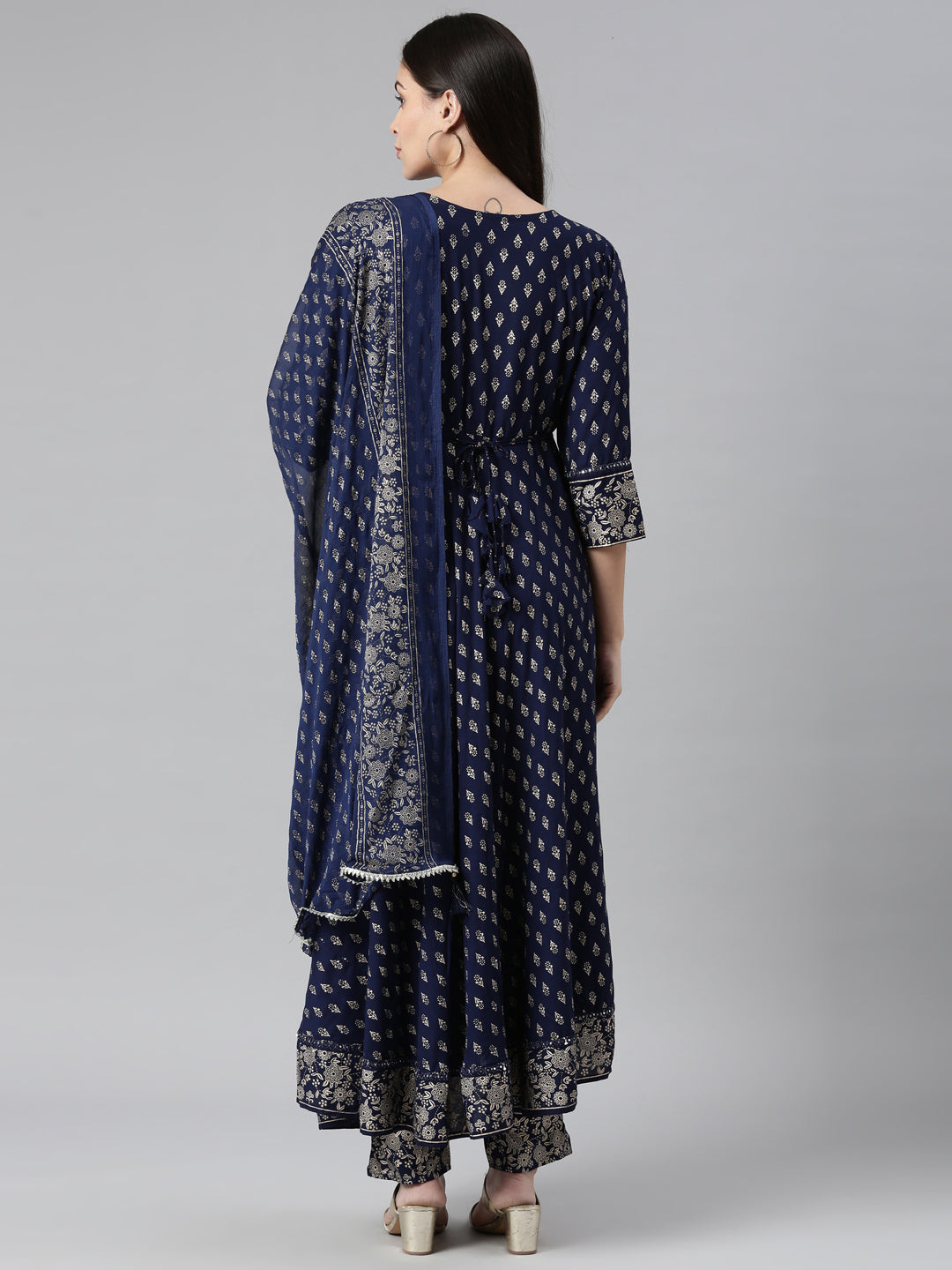 Neerus Blue Rayon Printed Suit Set - side view