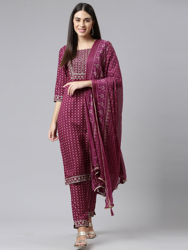 Neerus Women Purple Yoke Design Panelled Mirror Work Kurta with Trousers  With Dupatta