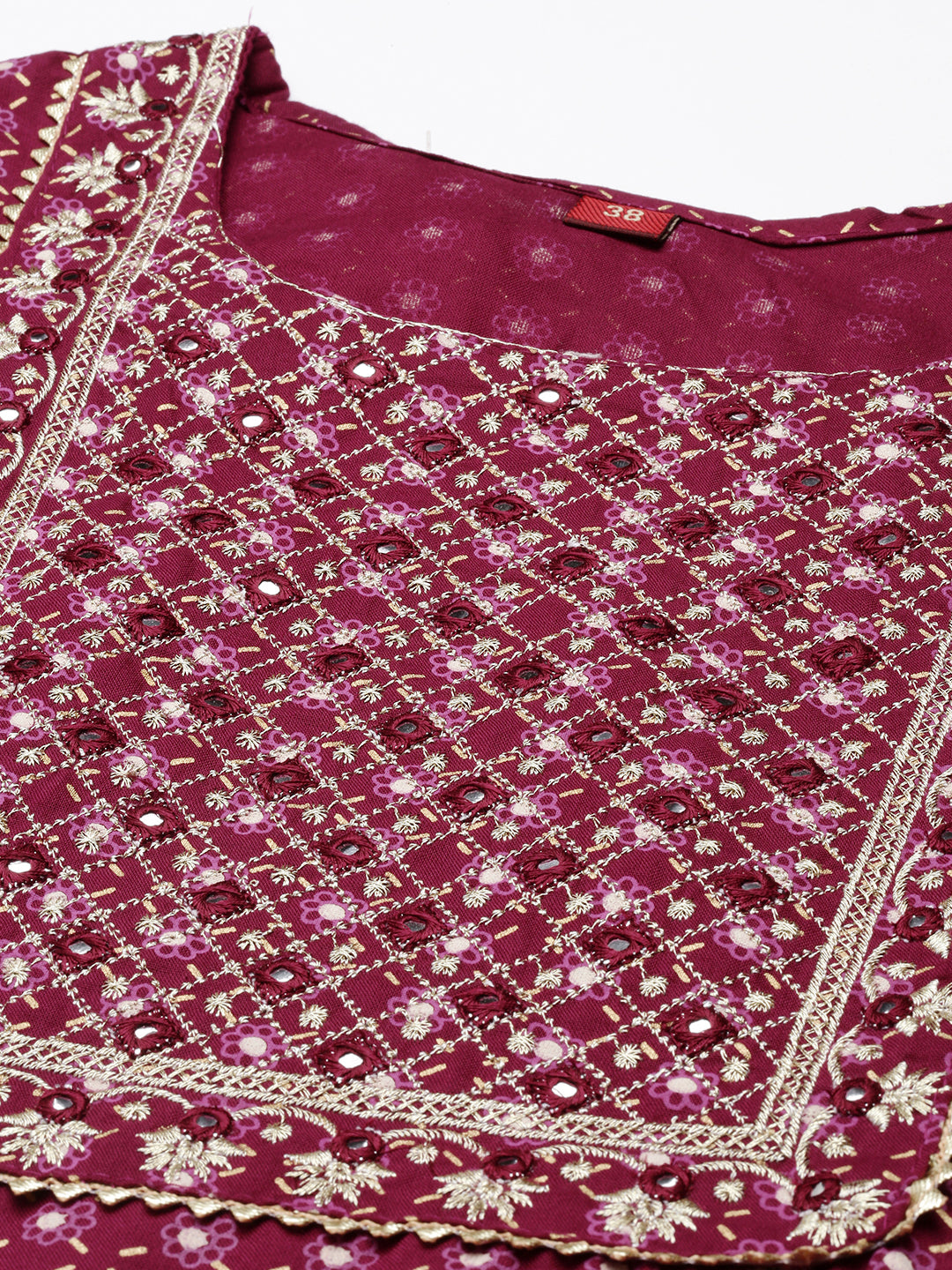 Neerus Women Purple Yoke Design Panelled Mirror Work Kurta with Trousers  With Dupatta