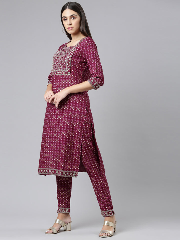 Neerus Women Purple Yoke Design Panelled Mirror Work Kurta with Trousers  With Dupatta