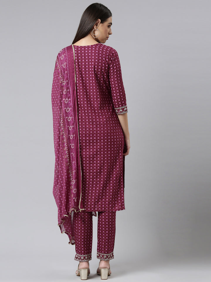 Neerus Women Purple Yoke Design Panelled Mirror Work Kurta with Trousers  With Dupatta