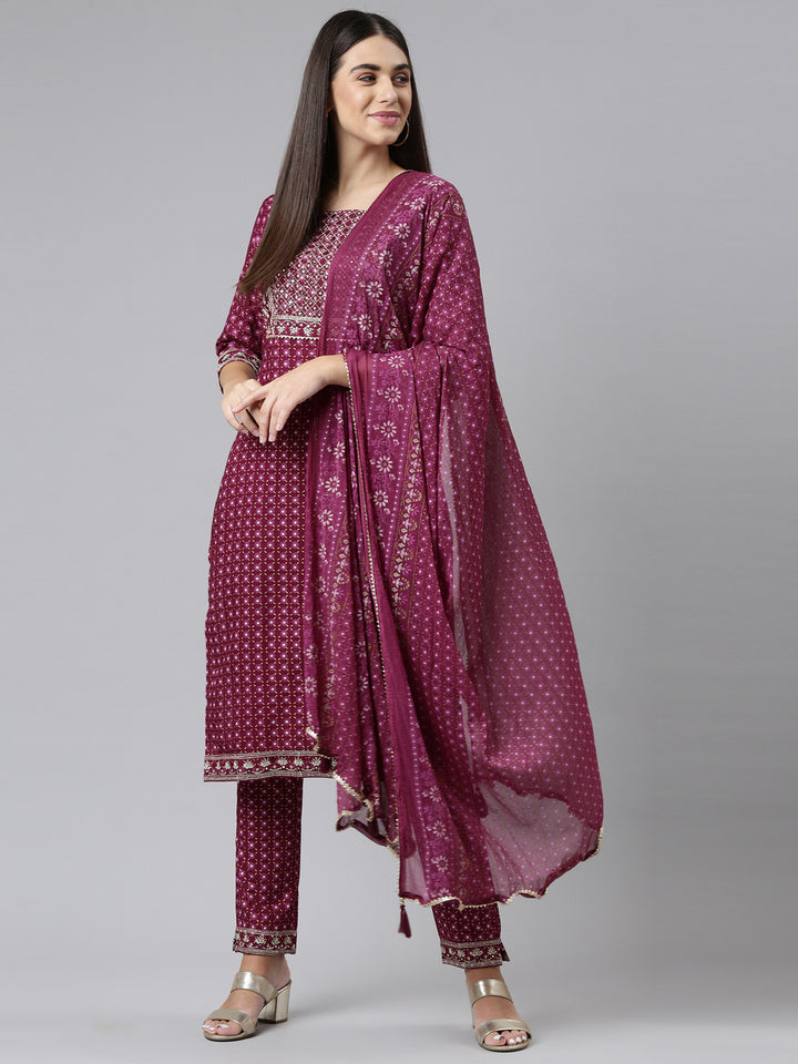 Neerus Women Purple Yoke Design Panelled Mirror Work Kurta with Trousers  With Dupatta