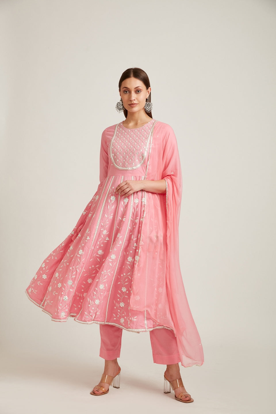 Neerus Pink cotton mirror work suit set - front view