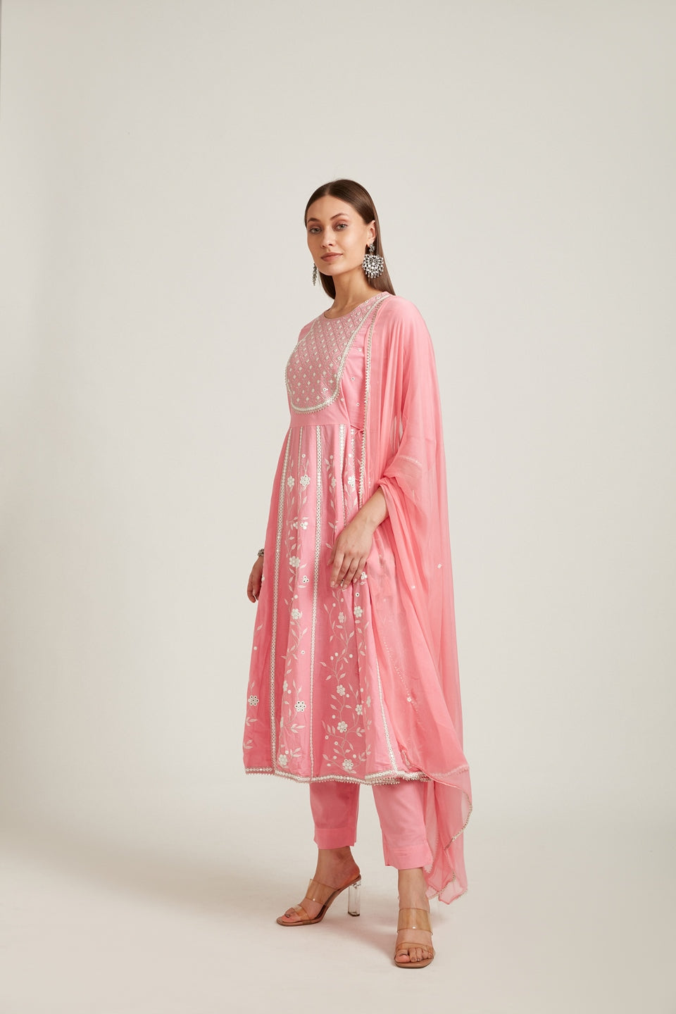 Neerus Women Pink Empire Mirror Work Pure Cotton Kurta With Trousers  Dupatta