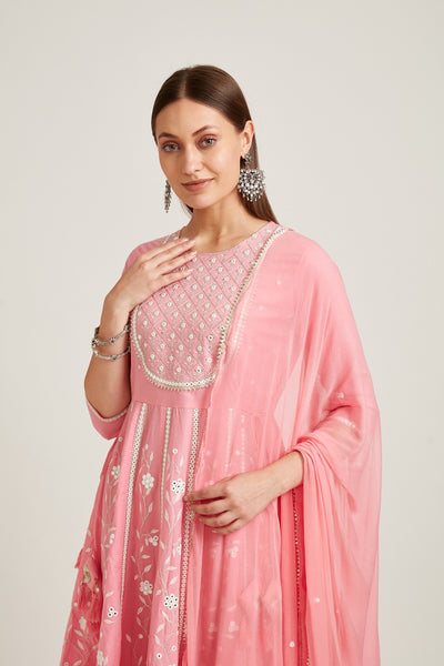 Neerus Women Pink Empire Mirror Work Pure Cotton Kurta With Trousers  Dupatta