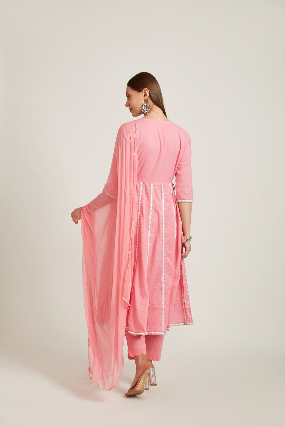 Neerus Women Pink Empire Mirror Work Pure Cotton Kurta With Trousers  Dupatta