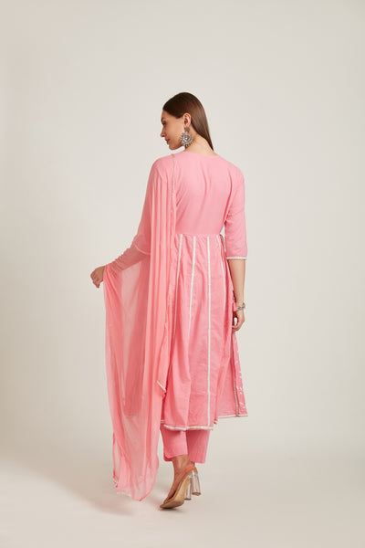Neerus Women Pink Empire Mirror Work Pure Cotton Kurta With Trousers  Dupatta