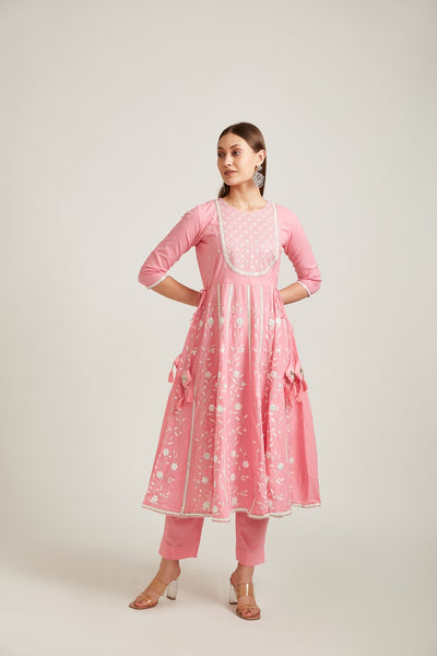 Neerus Women Pink Empire Mirror Work Pure Cotton Kurta With Trousers  Dupatta
