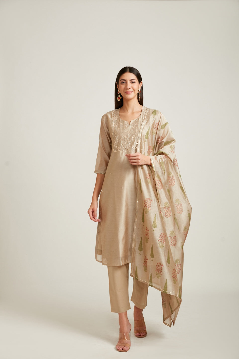 Neerus Women Beige Chanderi Silk Kurta with Trousers  With Dupatta