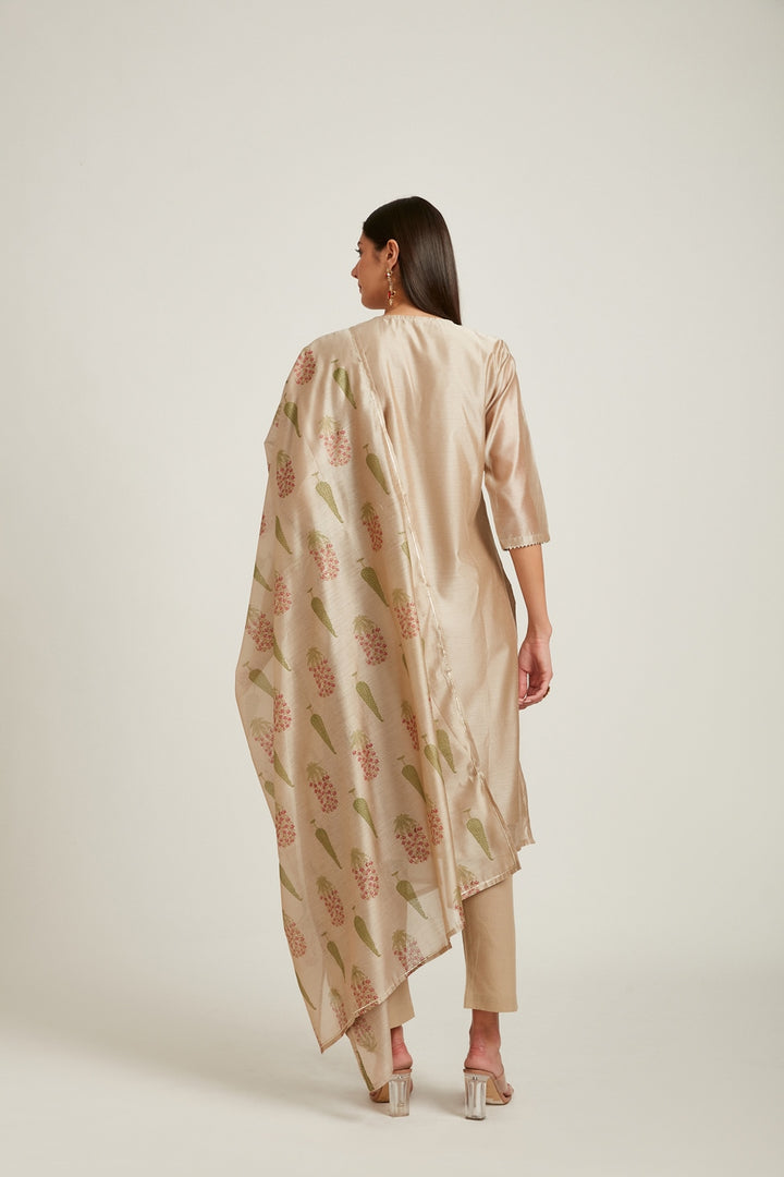 Neerus Women Beige Chanderi Silk Kurta with Trousers  With Dupatta