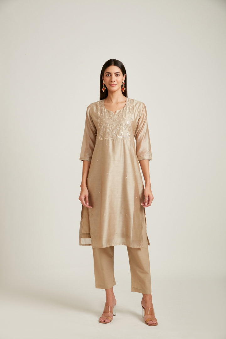 Neerus Women Beige Chanderi Silk Kurta with Trousers  With Dupatta