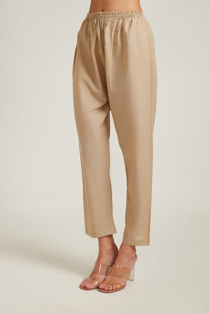 Neerus Women Beige Chanderi Silk Kurta with Trousers  With Dupatta