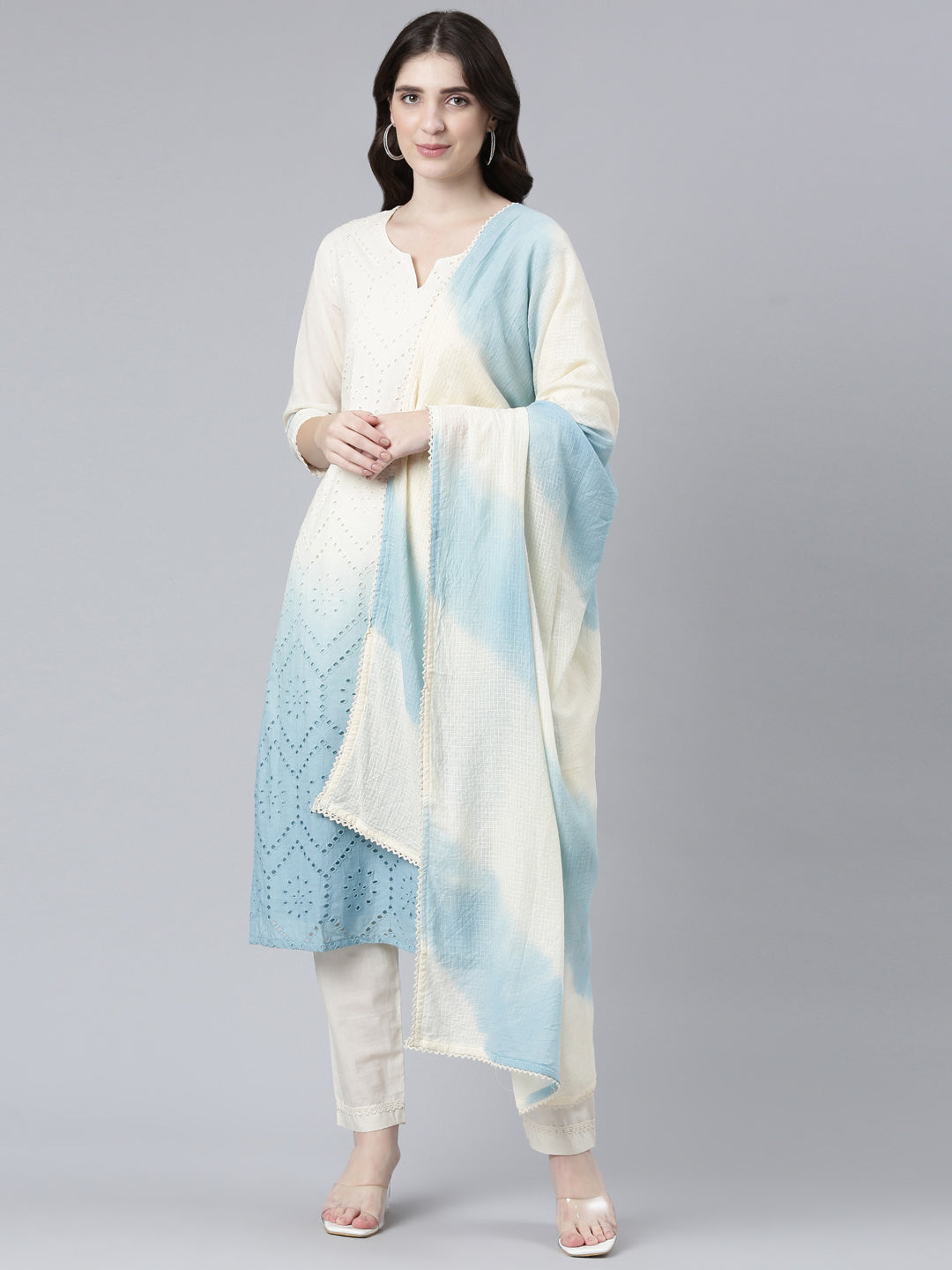 Neerus Cotton solid straight suit set with dupatta - front view