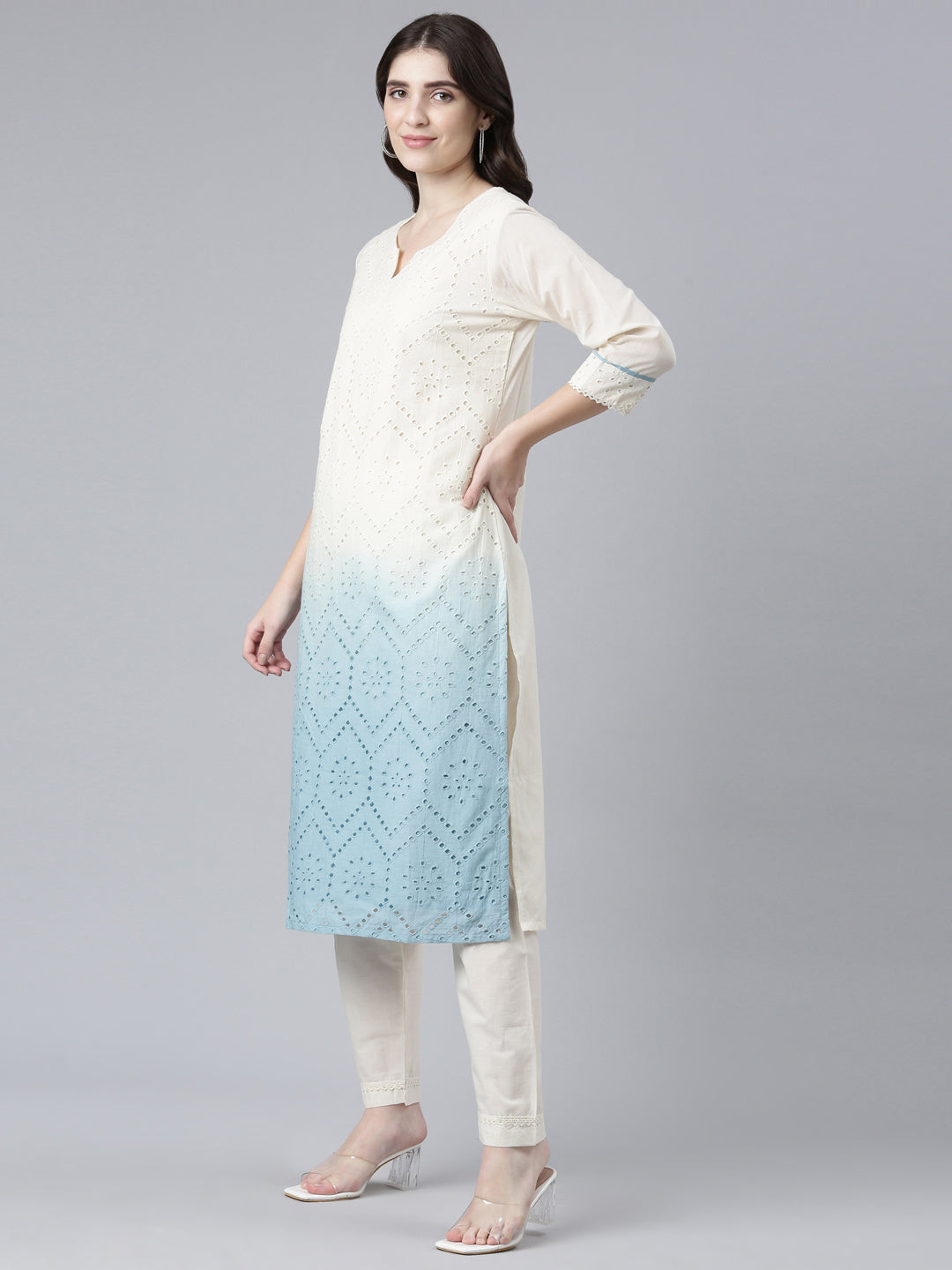 Neerus Cotton solid straight suit set with dupatta - back view