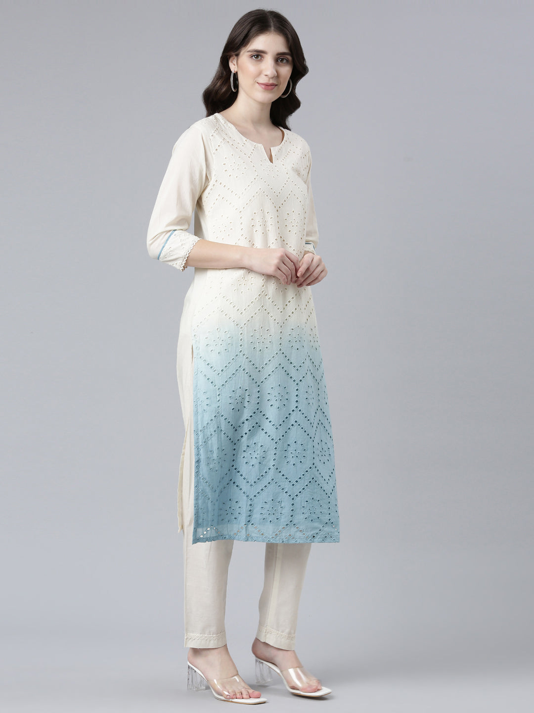 Neerus Cotton solid straight suit set with dupatta - side view