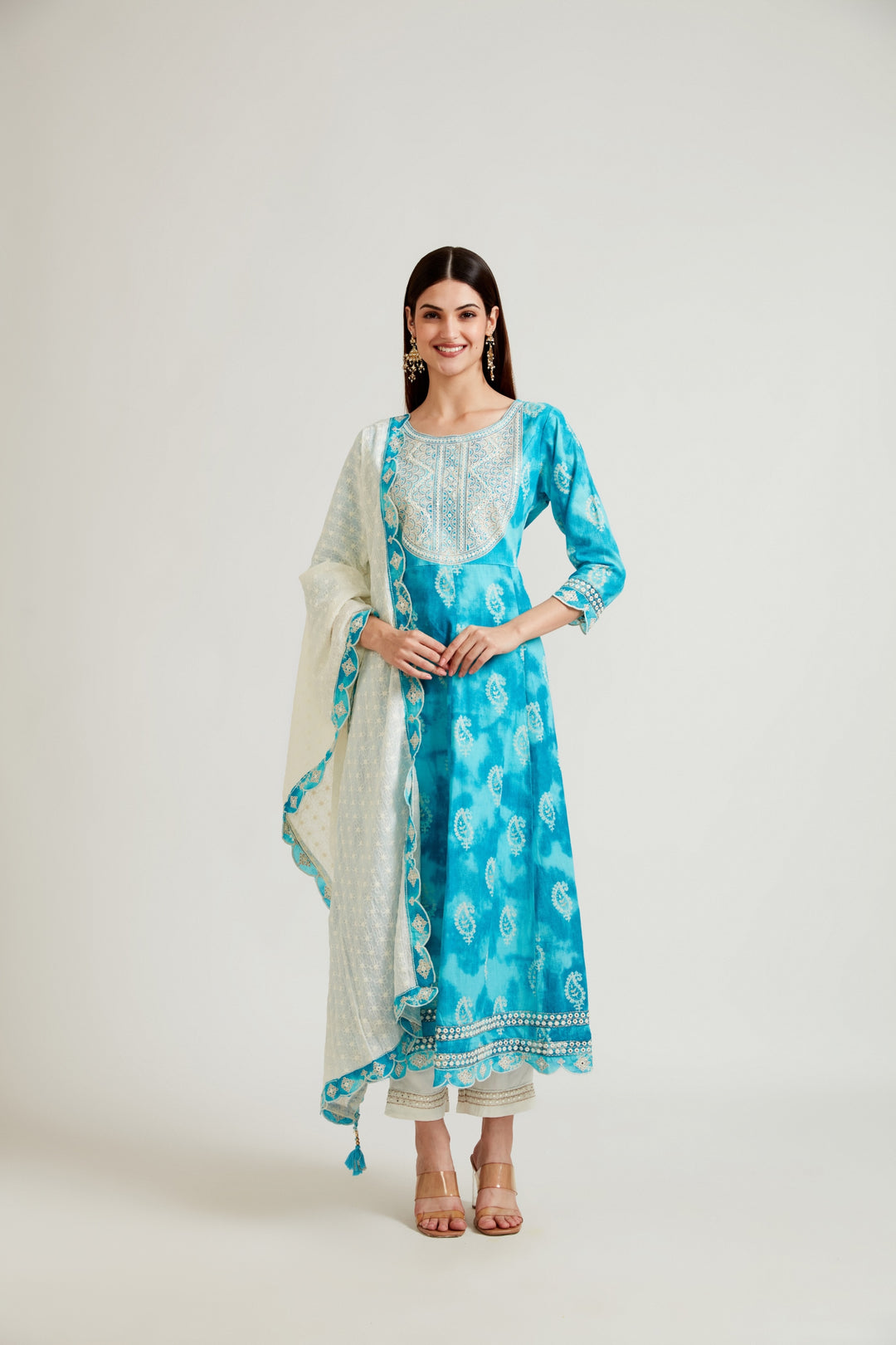 Neerus Blue cotton printed suit set - front view