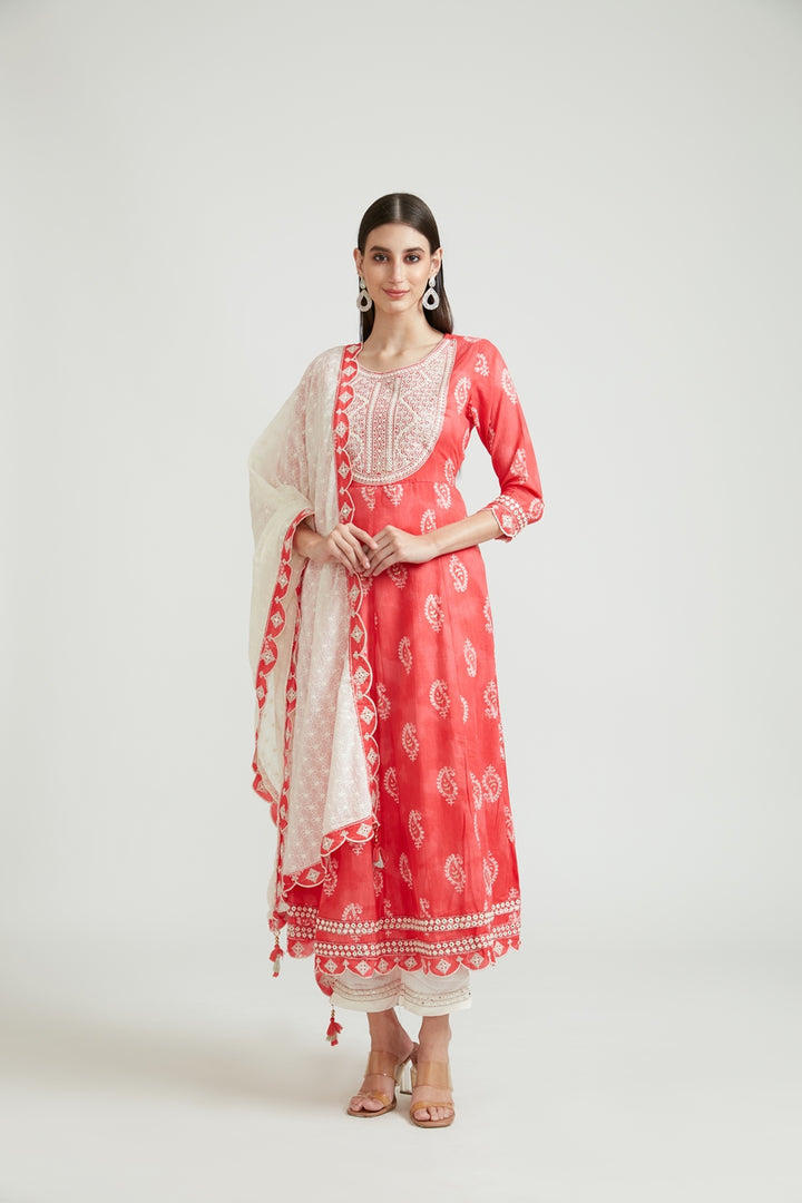 Neerus Red cotton thread embroidered suit set with palazzo and dupatta - front view