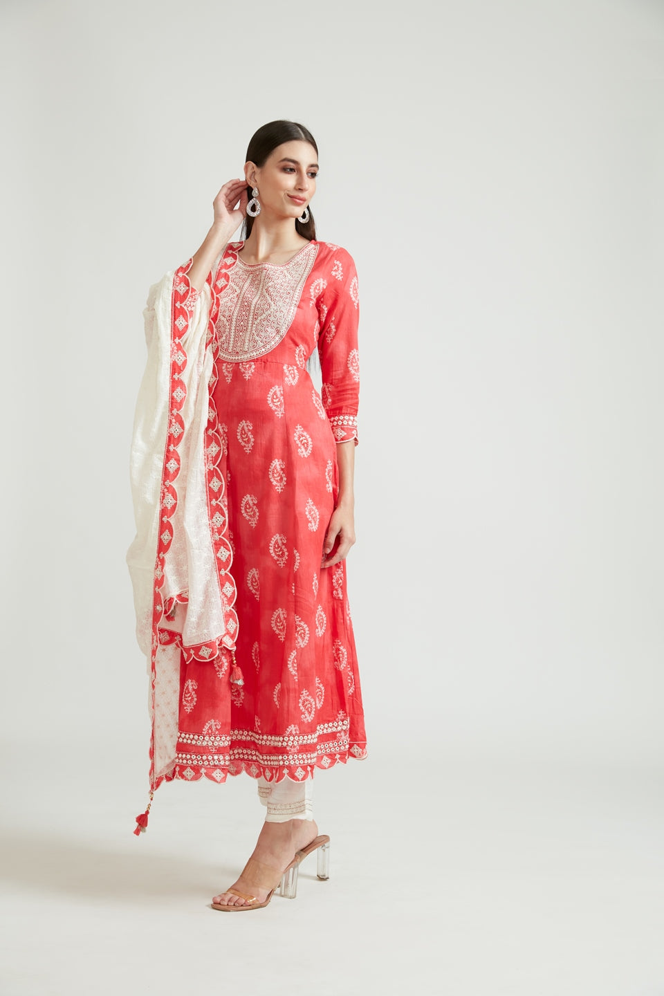Neerus Red cotton thread embroidered suit set with palazzo and dupatta - back view