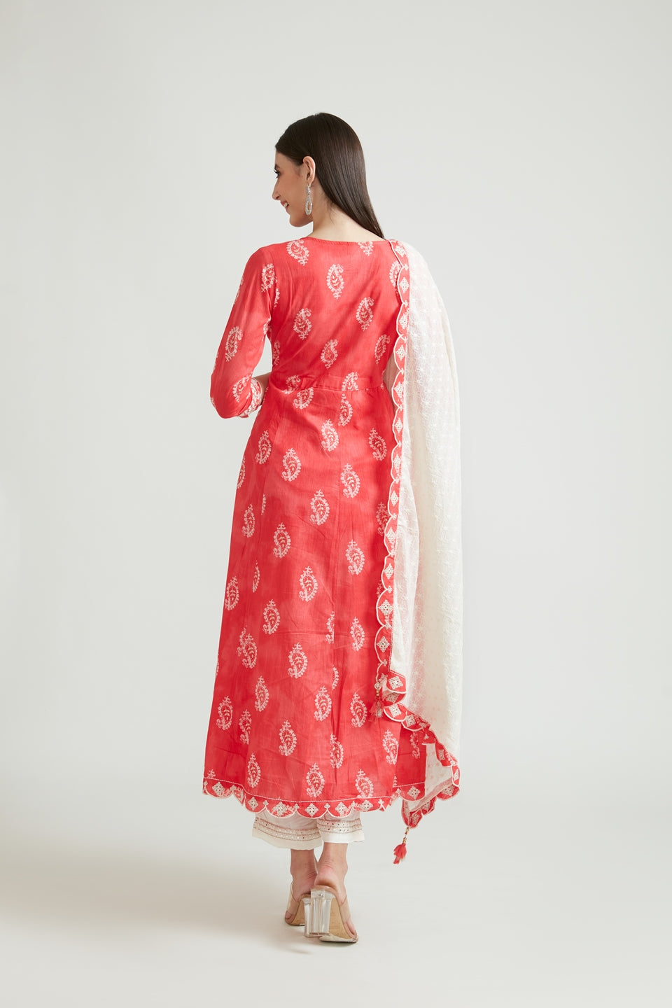Neerus Red cotton thread embroidered suit set with palazzo and dupatta - detail view 1