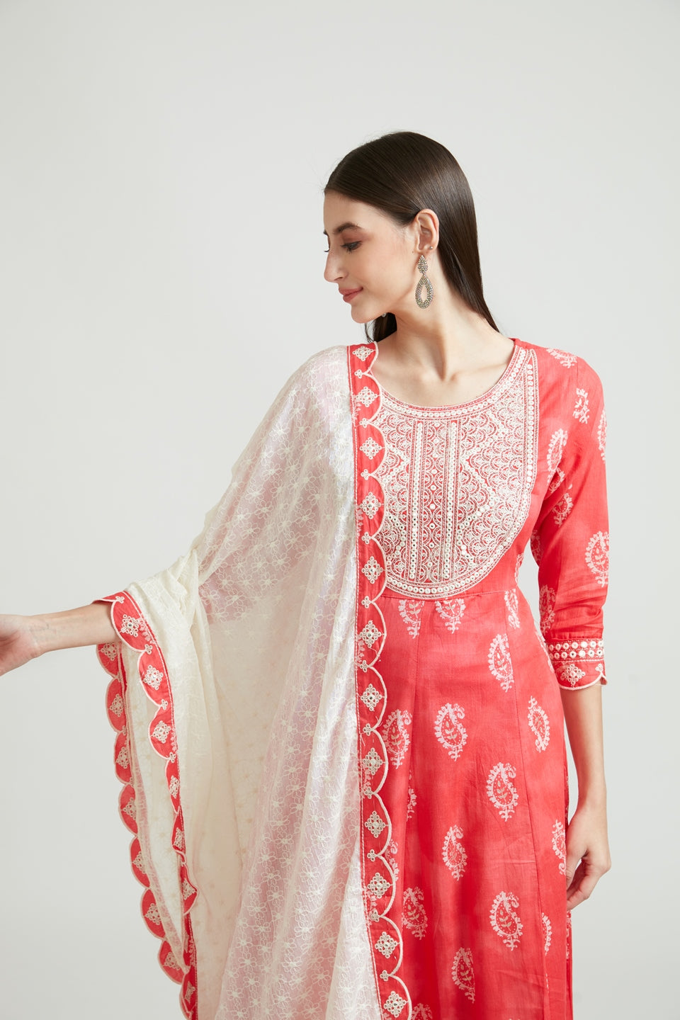 Neerus Red cotton thread embroidered suit set with palazzo and dupatta - side view